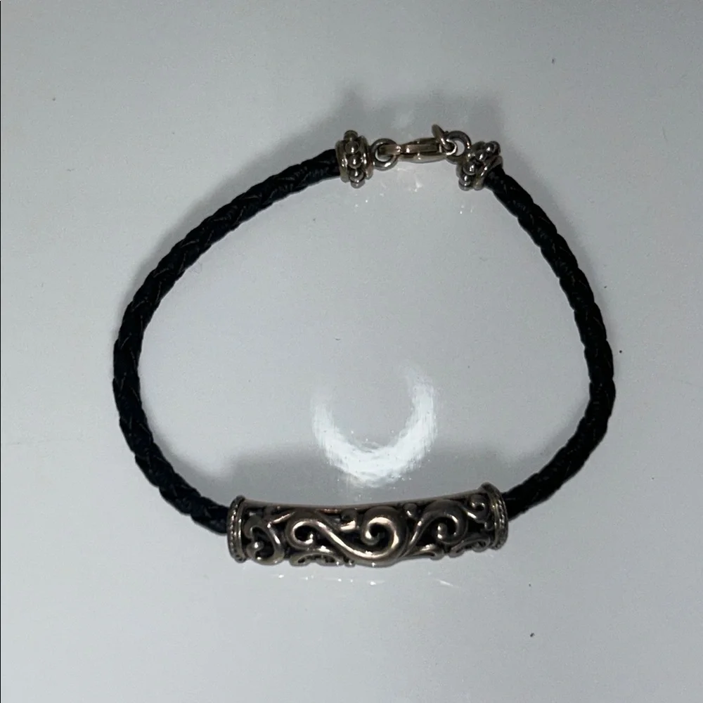 NWOT Carolyn Pollack Sterling Silver Scroll Slide On Braided Leather Bracelet